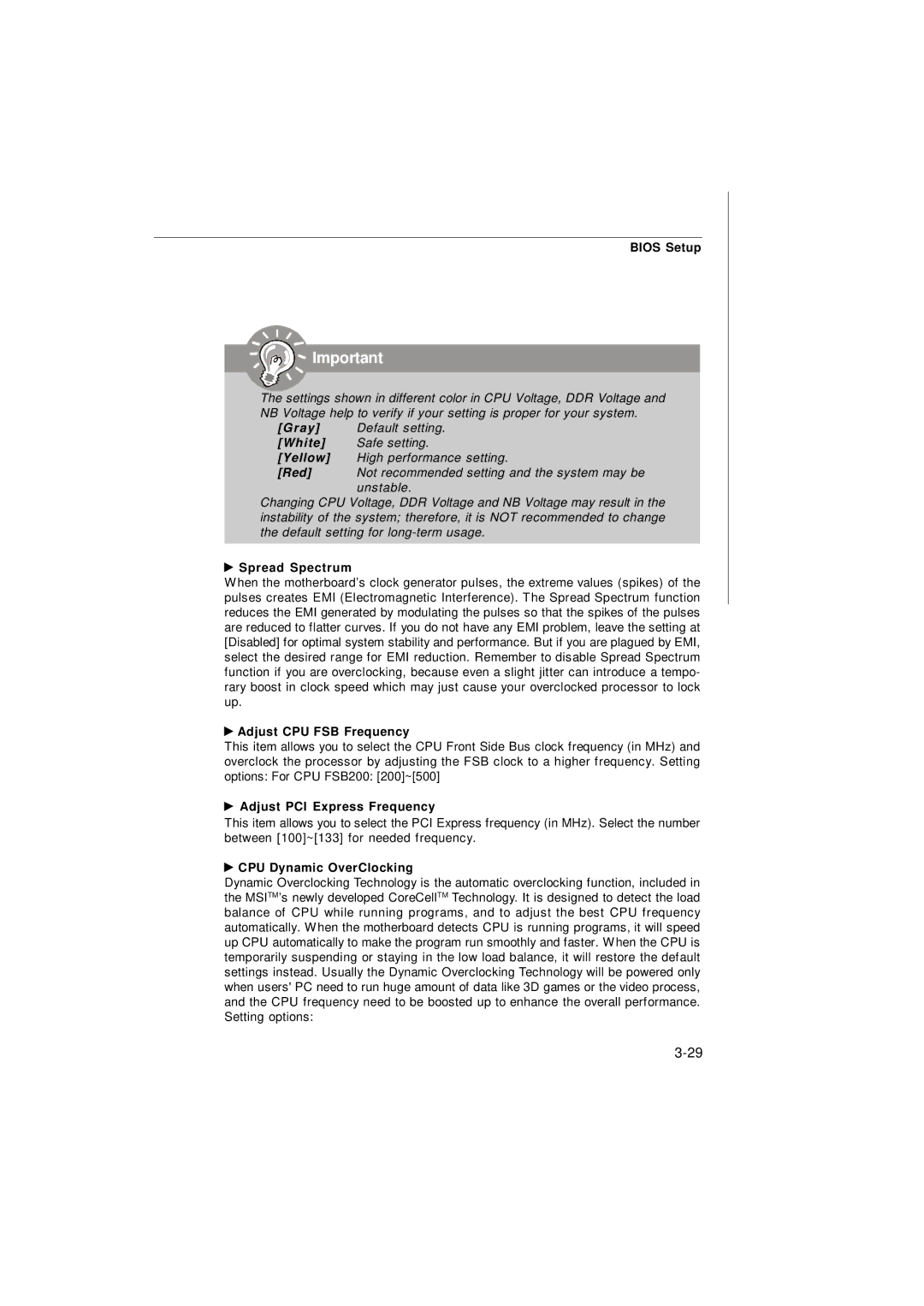 IBM G52-72361X2 manual Spread Spectrum, Adjust CPU FSB Frequency, Adjust PCI Express Frequency, CPU Dynamic OverClocking 