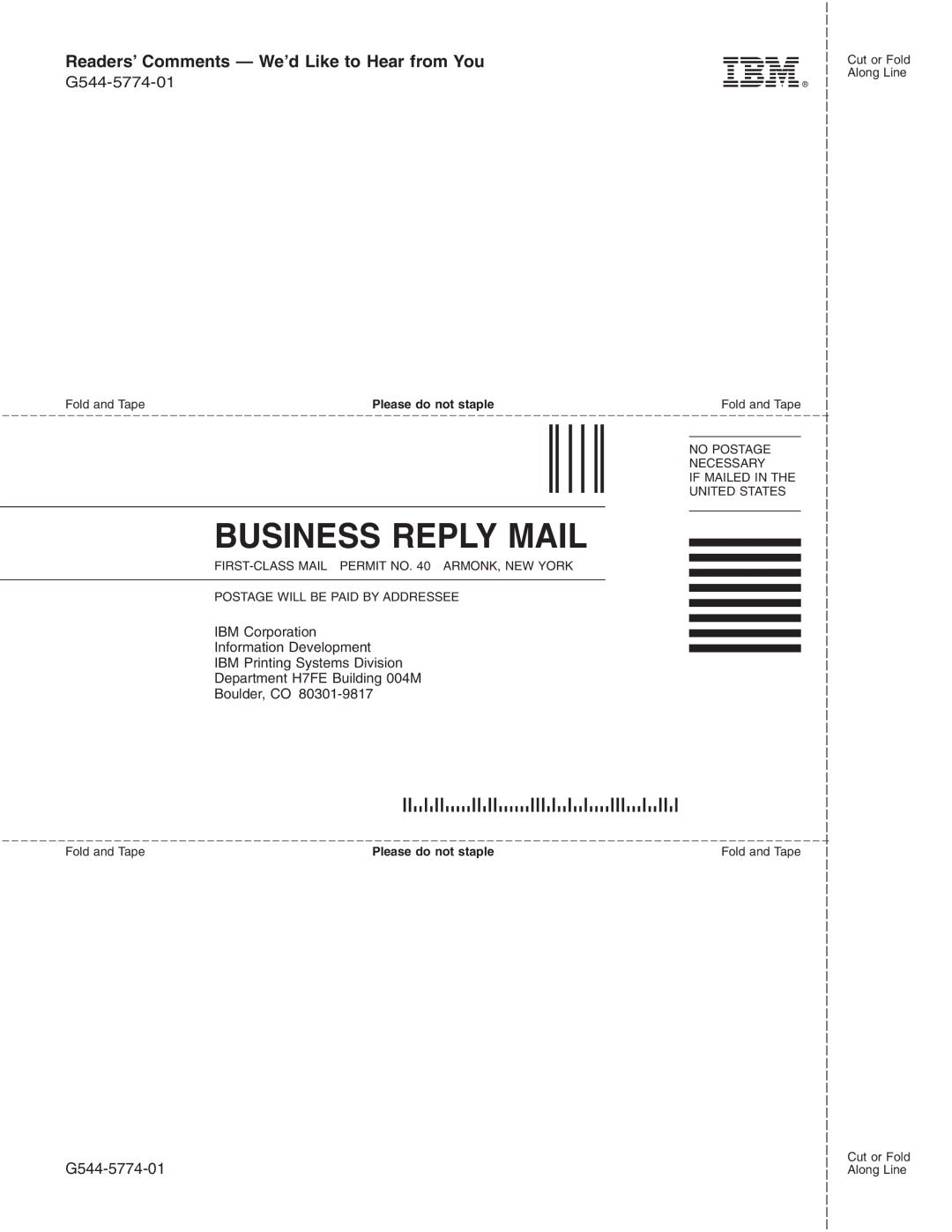 IBM G544-5774-01 manual Business Reply Mail 