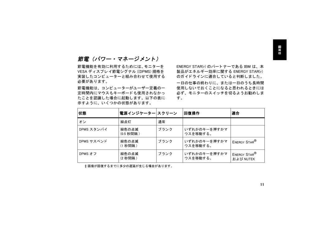 IBM G7617 manual 節電 （パワー ・ マネージメン ト）, 電源インジケーター スク リーン 回復操作 