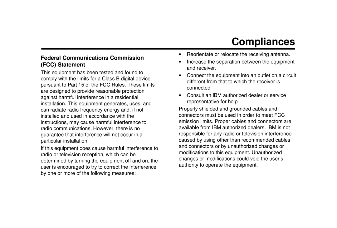 IBM G94 manual Compliances, Federal Communications Commission FCC Statement 