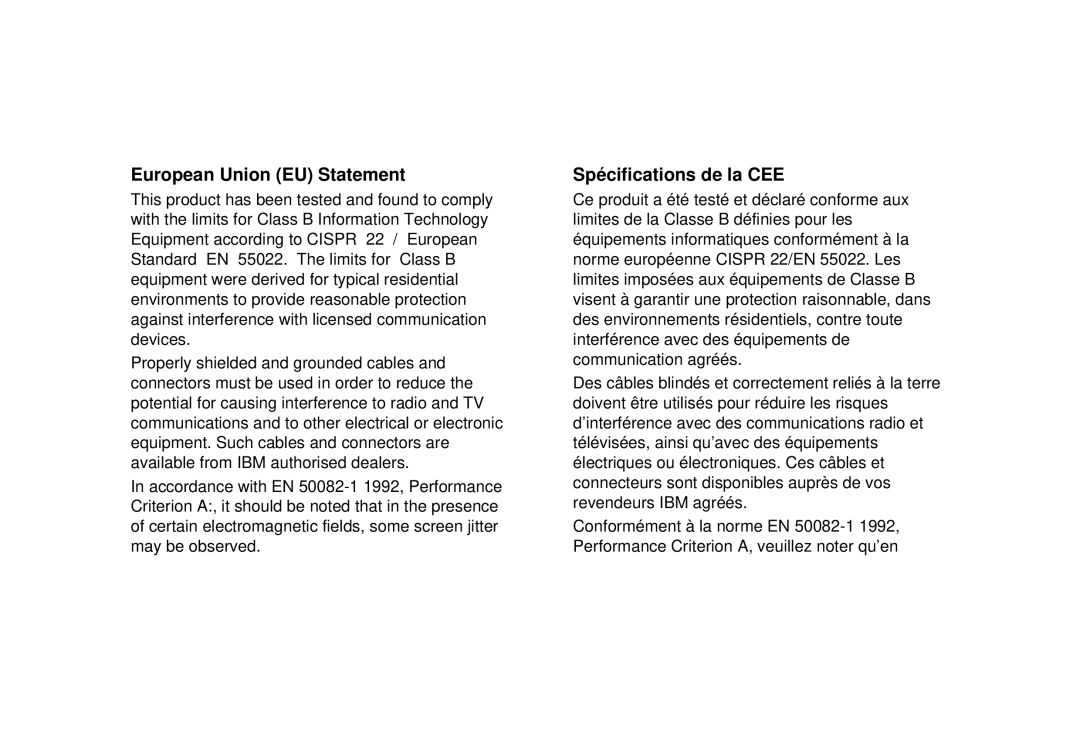 IBM G94 manual European Union EU Statement, Spécifications de la CEE 