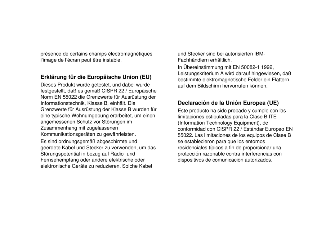 IBM G94 manual Erklärung für die Europäische Union EU, Declaración de la Unión Europea UE 