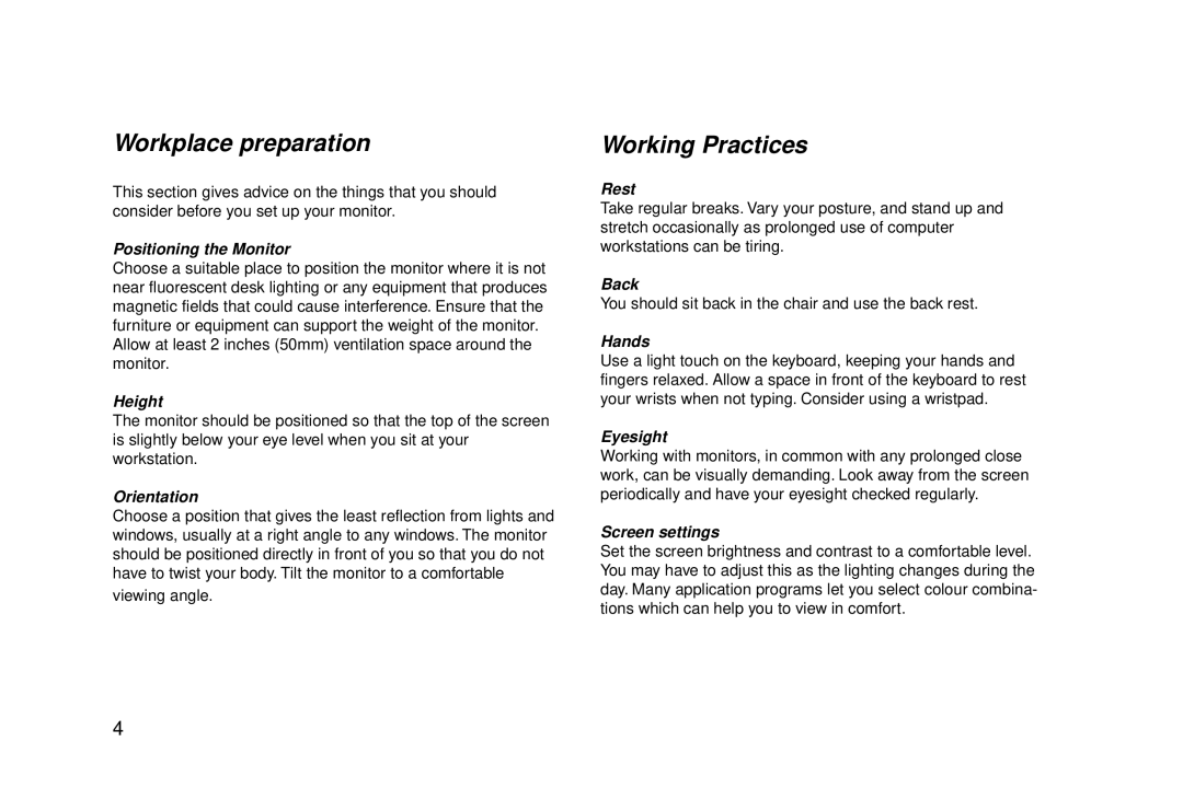 IBM G94 manual Workplace preparation 