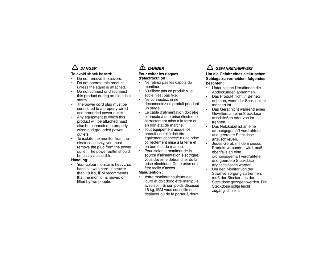 IBM G94 manual Gefahrenhinweis 