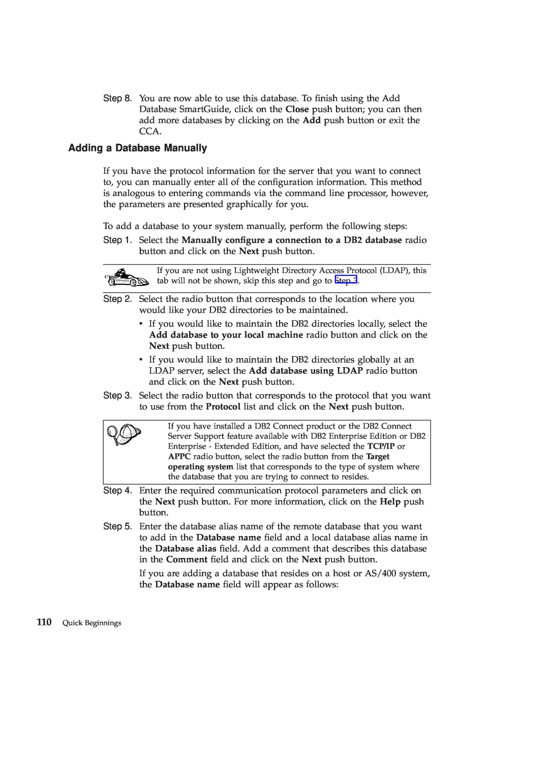 IBM GC09-2830-00 manual Adding a Database Manually, Quick Beginnings 