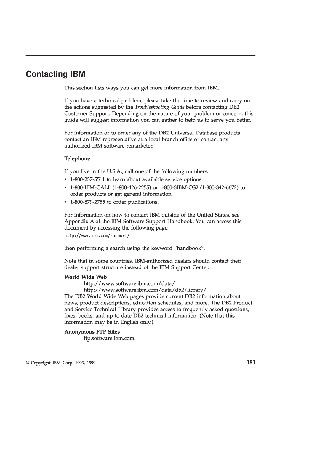 IBM GC09-2830-00 manual Contacting IBM, Telephone, Anonymous FTP Sites 