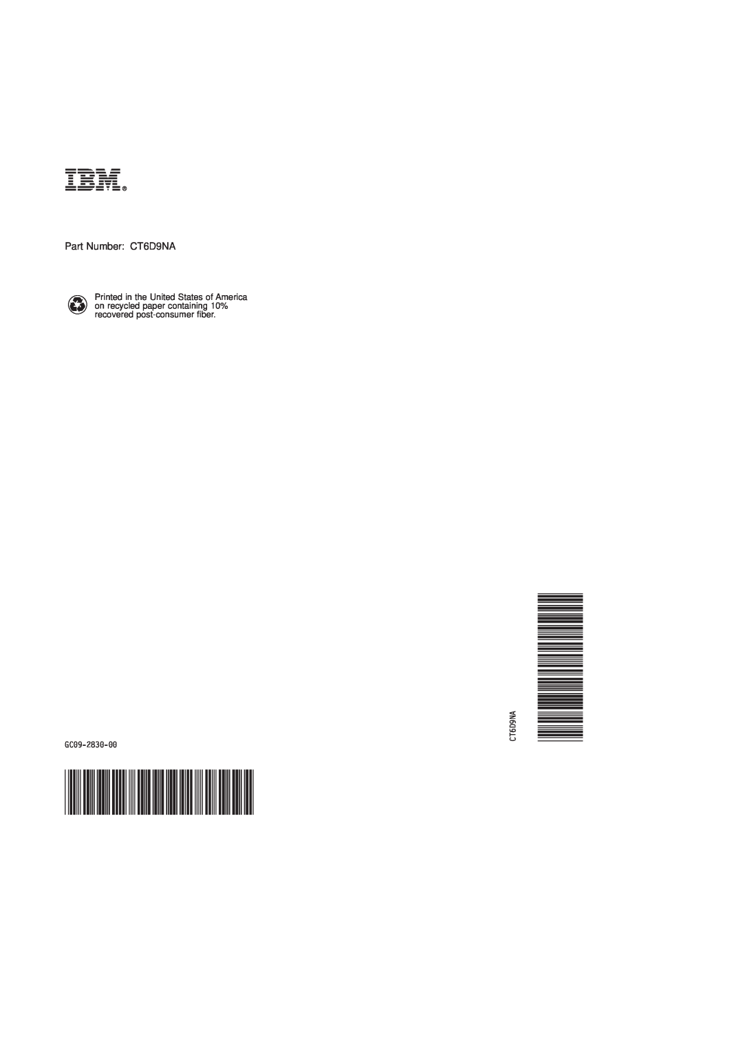 IBM GC09-2830-00 manual Ibmr, Part Number CT6D9NA 