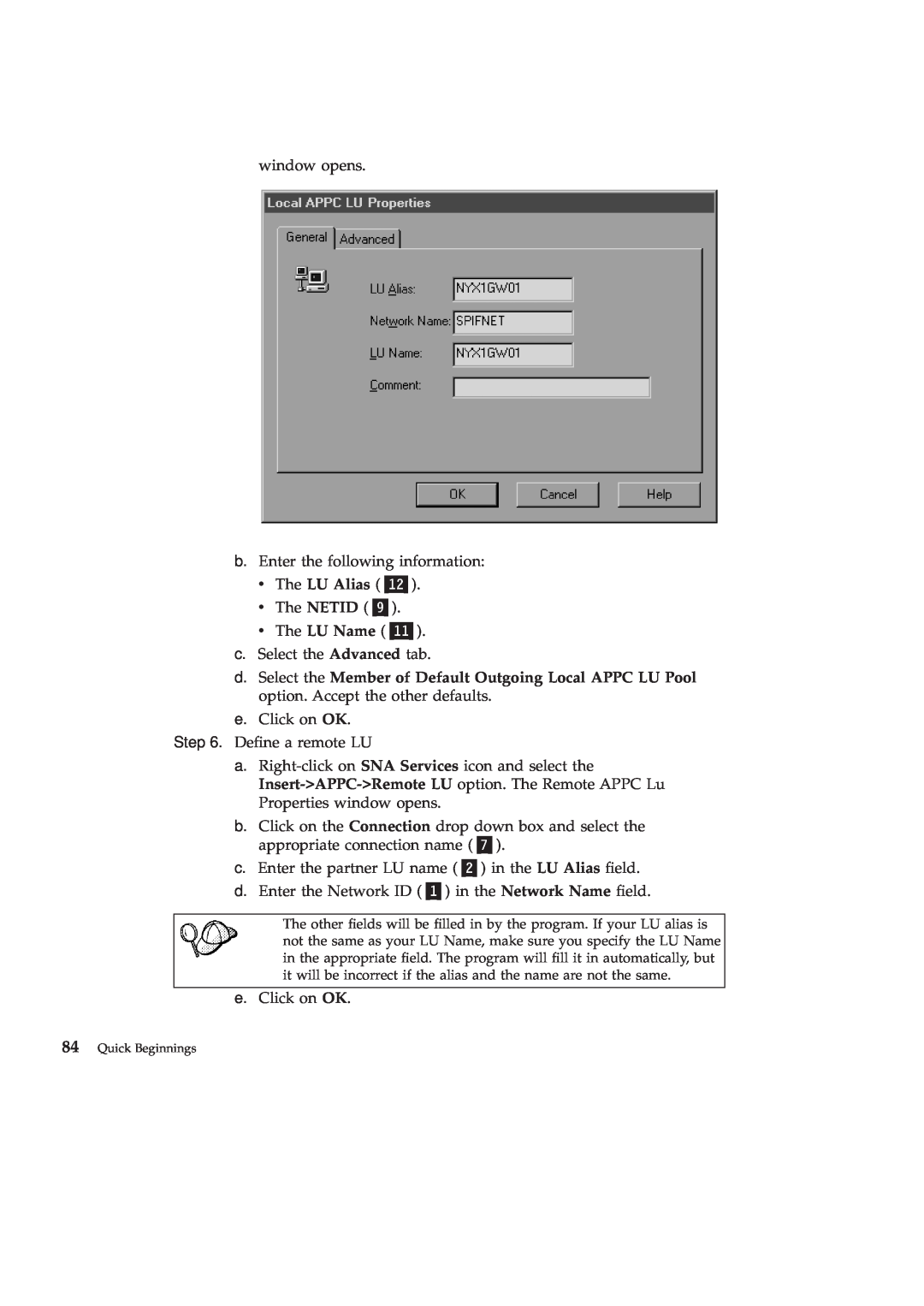 IBM GC09-2830-00 manual window opens b. Enter the following information v The LU Alias „12… 