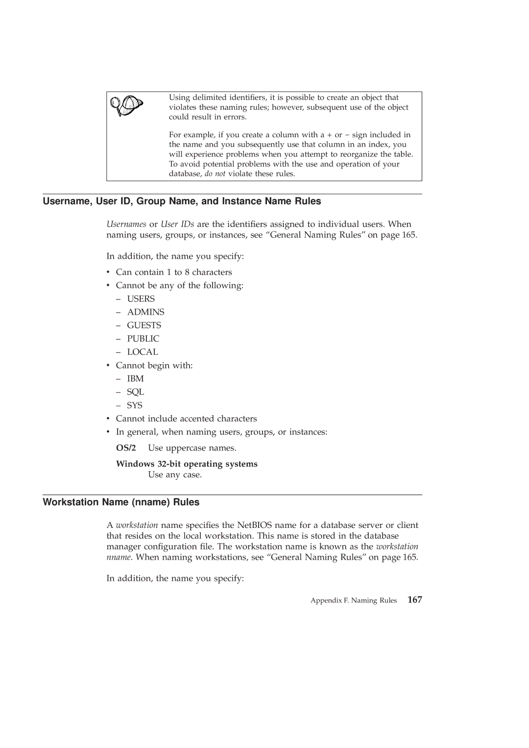 IBM GC09-2830-00 manual Username, User ID, Group Name, and Instance Name Rules, Workstation Name nname Rules 