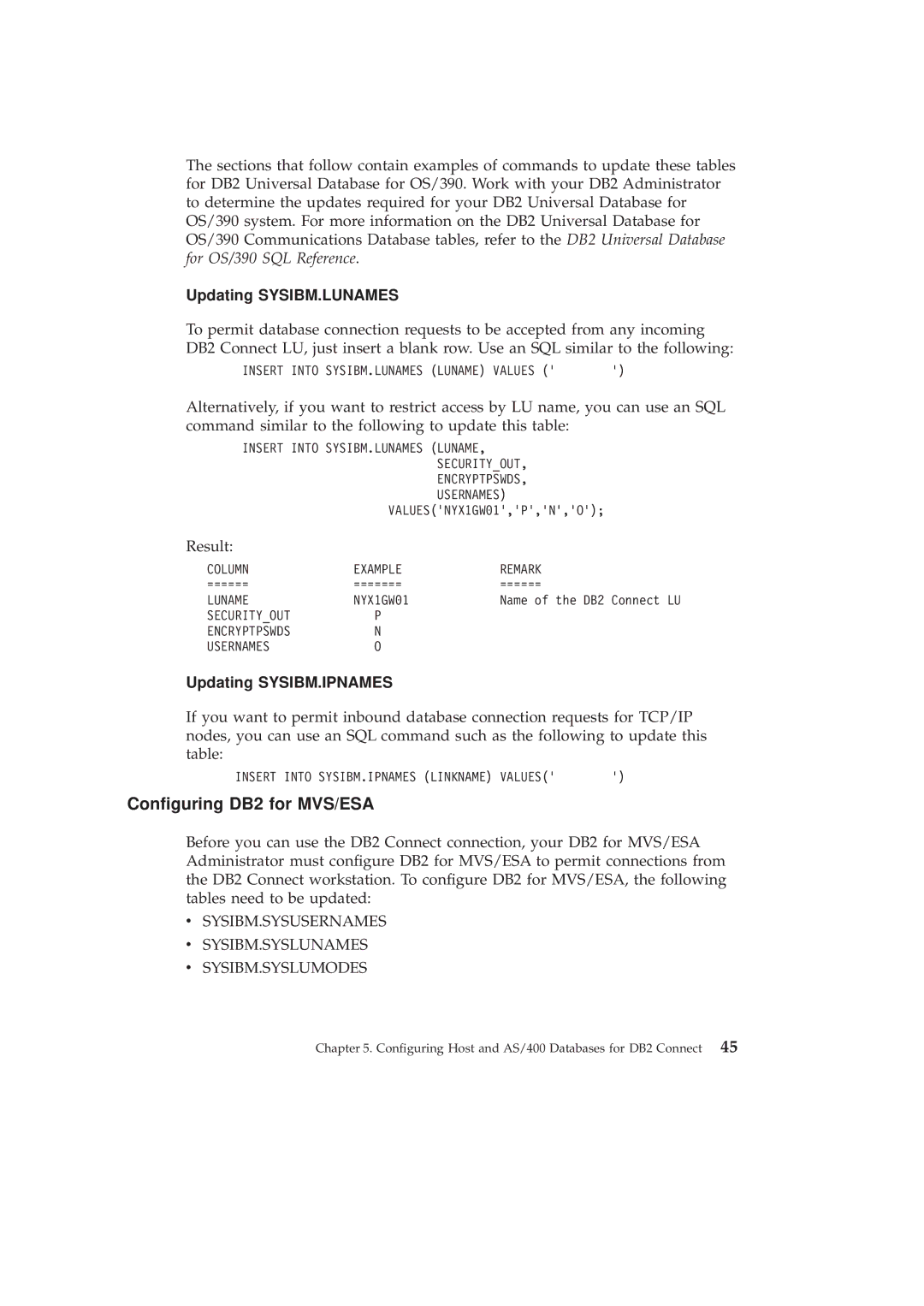 IBM GC09-2830-00 manual Conguring DB2 for MVS/ESA, Updating SYSIBM.LUNAMES 