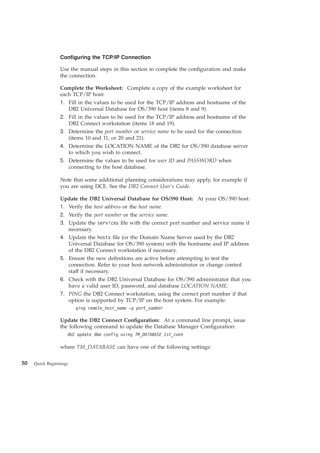 IBM GC09-2830-00 manual Conguring the TCP/IP Connection 