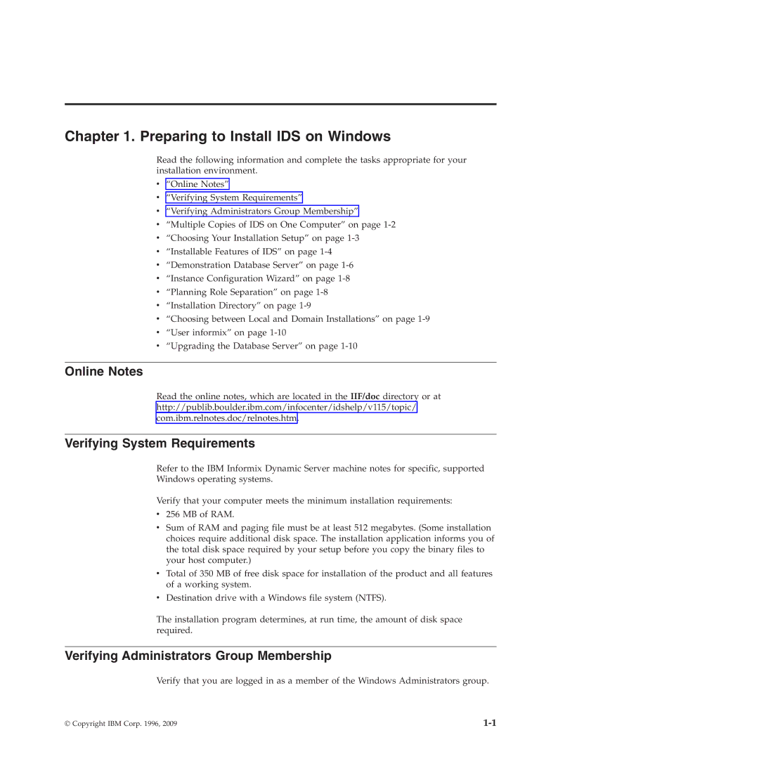 IBM GC23-7753-05 manual Preparing to Install IDS on Windows, Online Notes Verifying System Requirements 