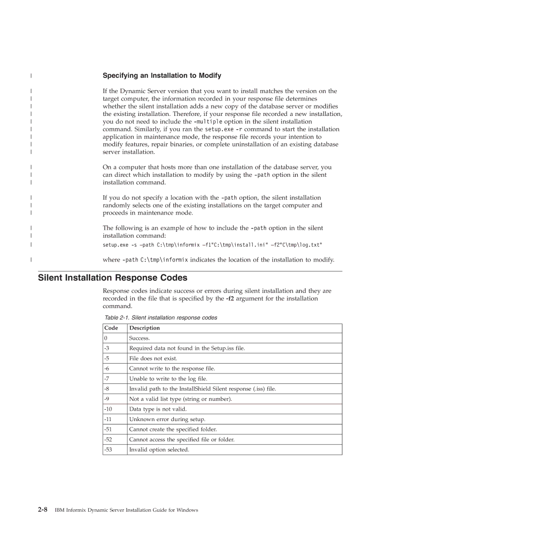 IBM GC23-7753-05 manual Silent Installation Response Codes, Code Description 