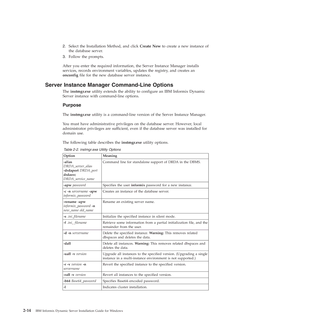 IBM GC23-7753-05 manual Server Instance Manager Command-Line Options, Purpose 