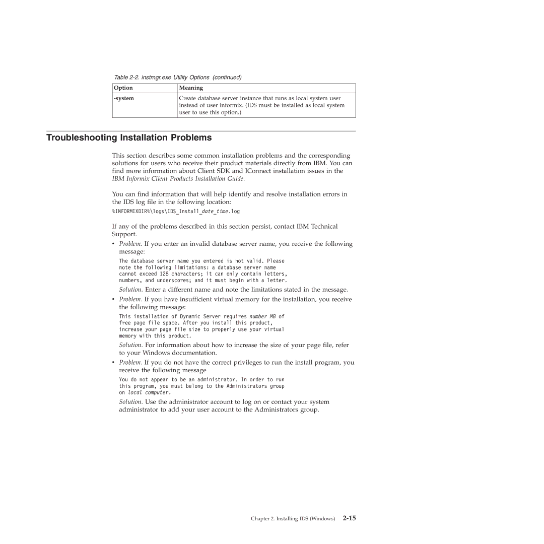 IBM GC23-7753-05 manual Troubleshooting Installation Problems, Option System Meaning 