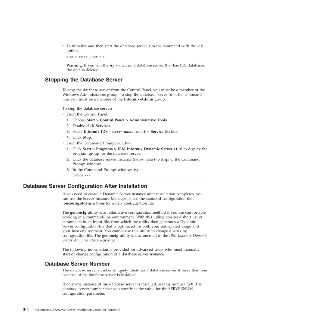 IBM GC23-7753-05 Stopping the Database Server, Database Server Configuration After Installation, Database Server Number 