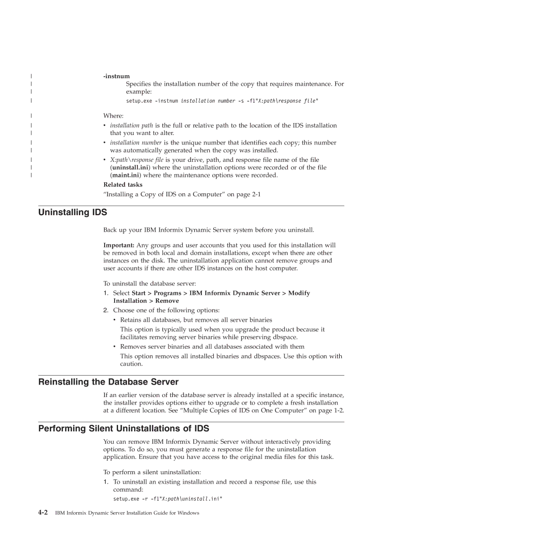 IBM GC23-7753-05 Uninstalling IDS, Reinstalling the Database Server, Performing Silent Uninstallations of IDS, Instnum 