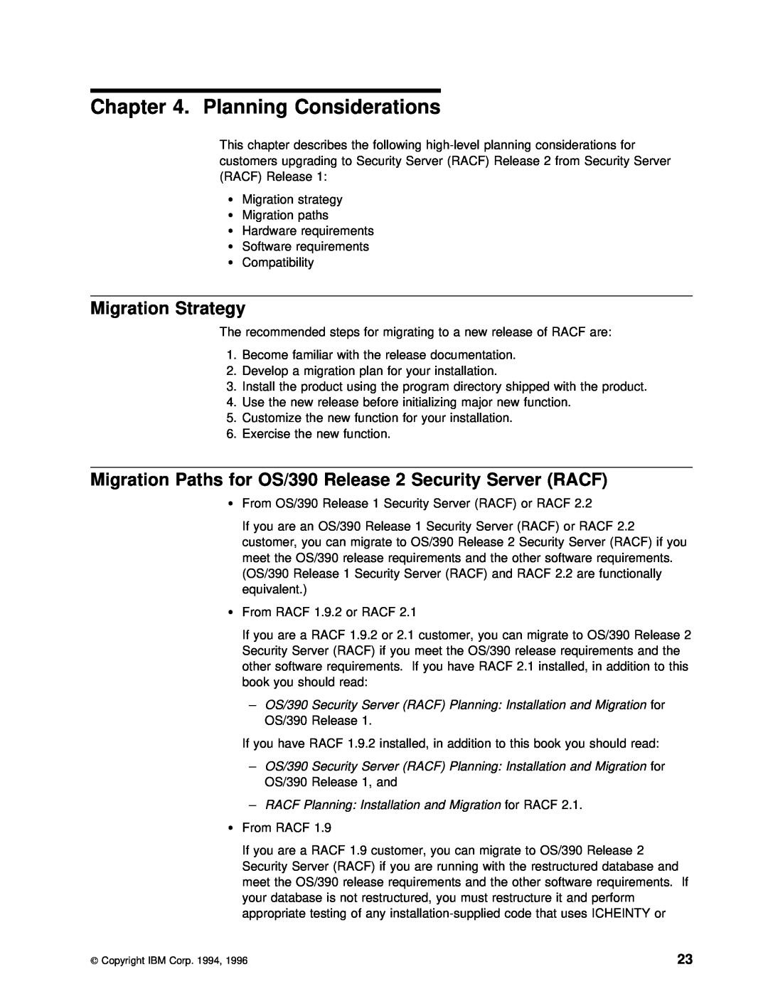 IBM GC28-1920-01 Planning Considerations, Migration Strategy, Racf, Security, Migration Paths for OS/390 Release, Server 