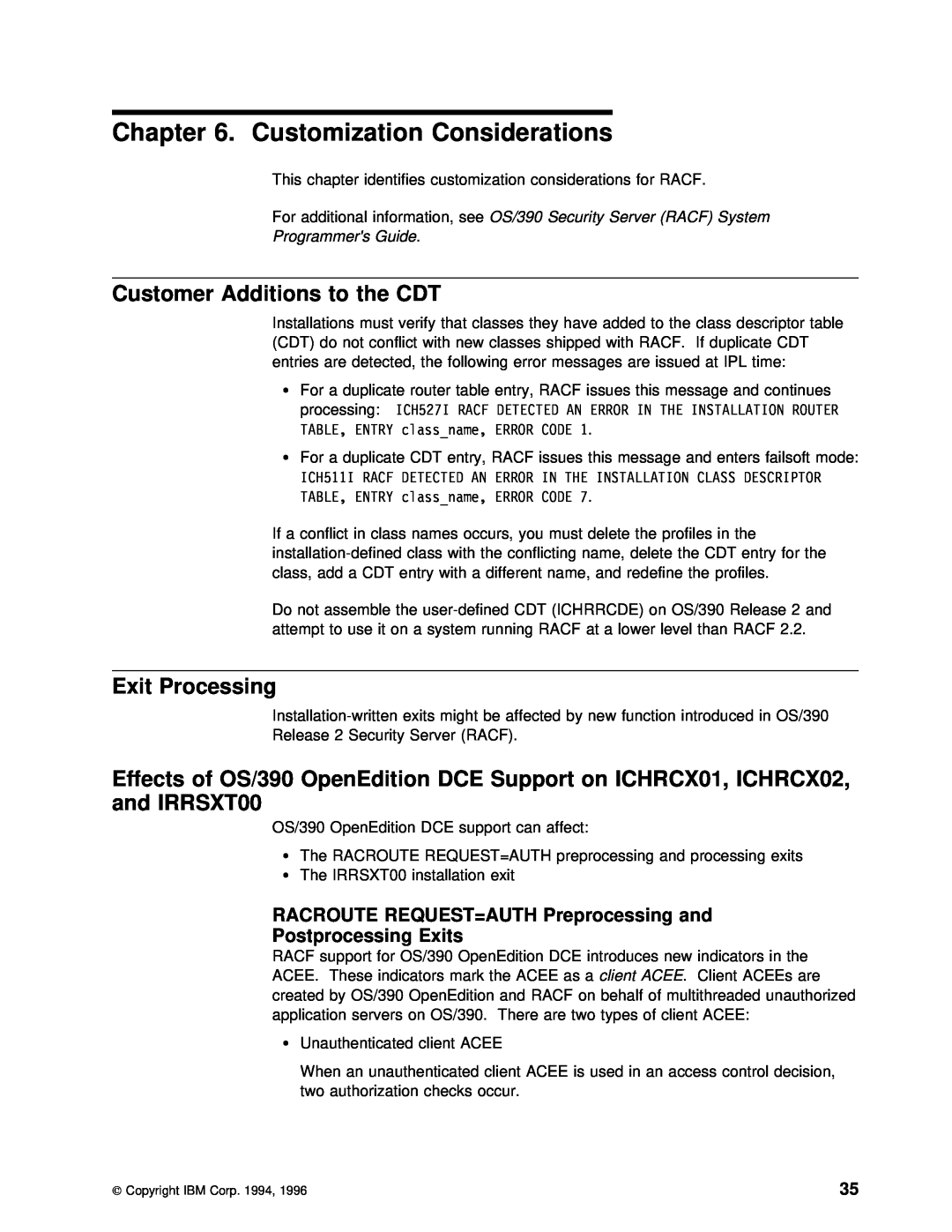 IBM GC28-1920-01 Customization Considerations, Exit Processing, and IRRSXT00, Effects of OS/390 OpenEdition DCE, Exits 