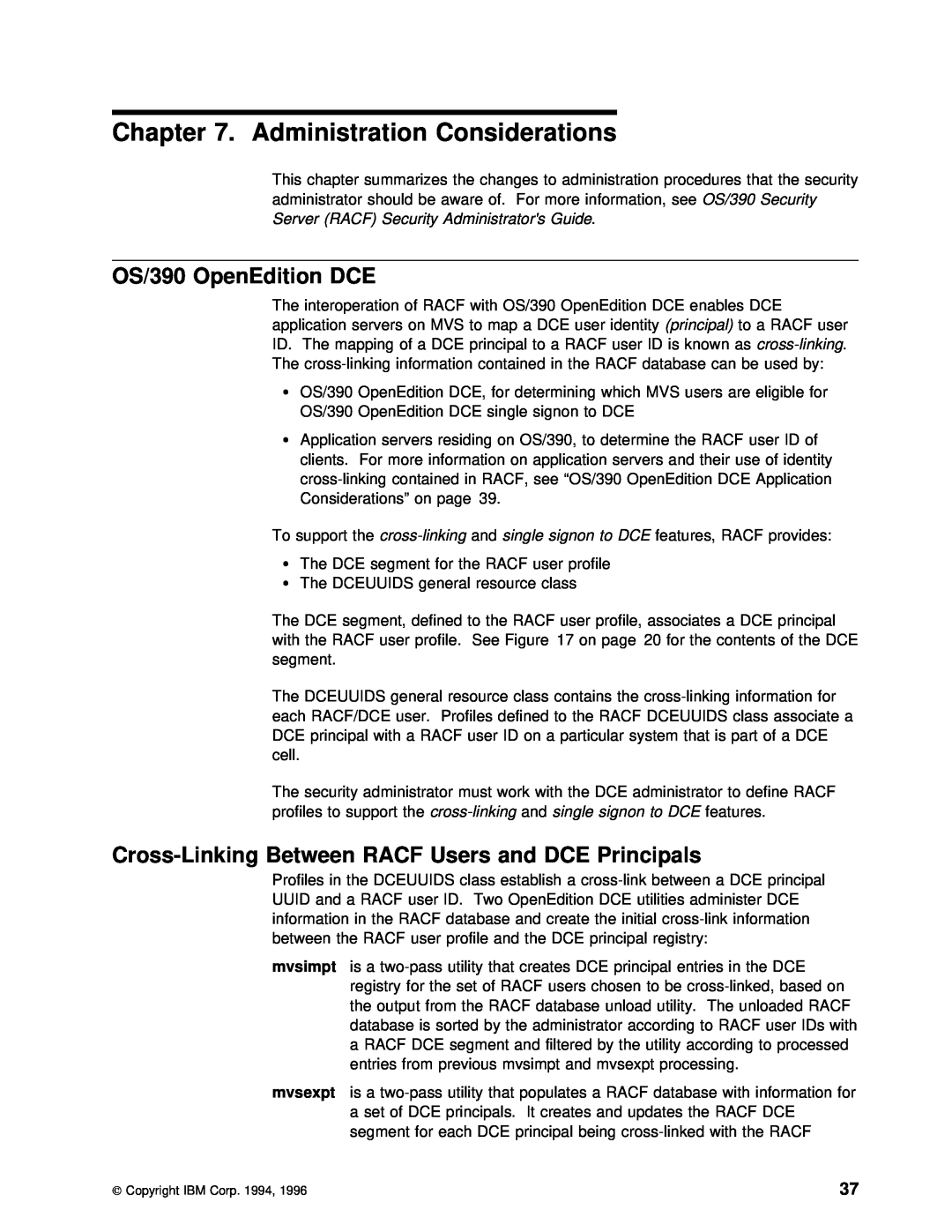 IBM GC28-1920-01 manual Administration Considerations, Cross-Linking Between RACF Users, signon, OS/390 OpenEdition DCE 