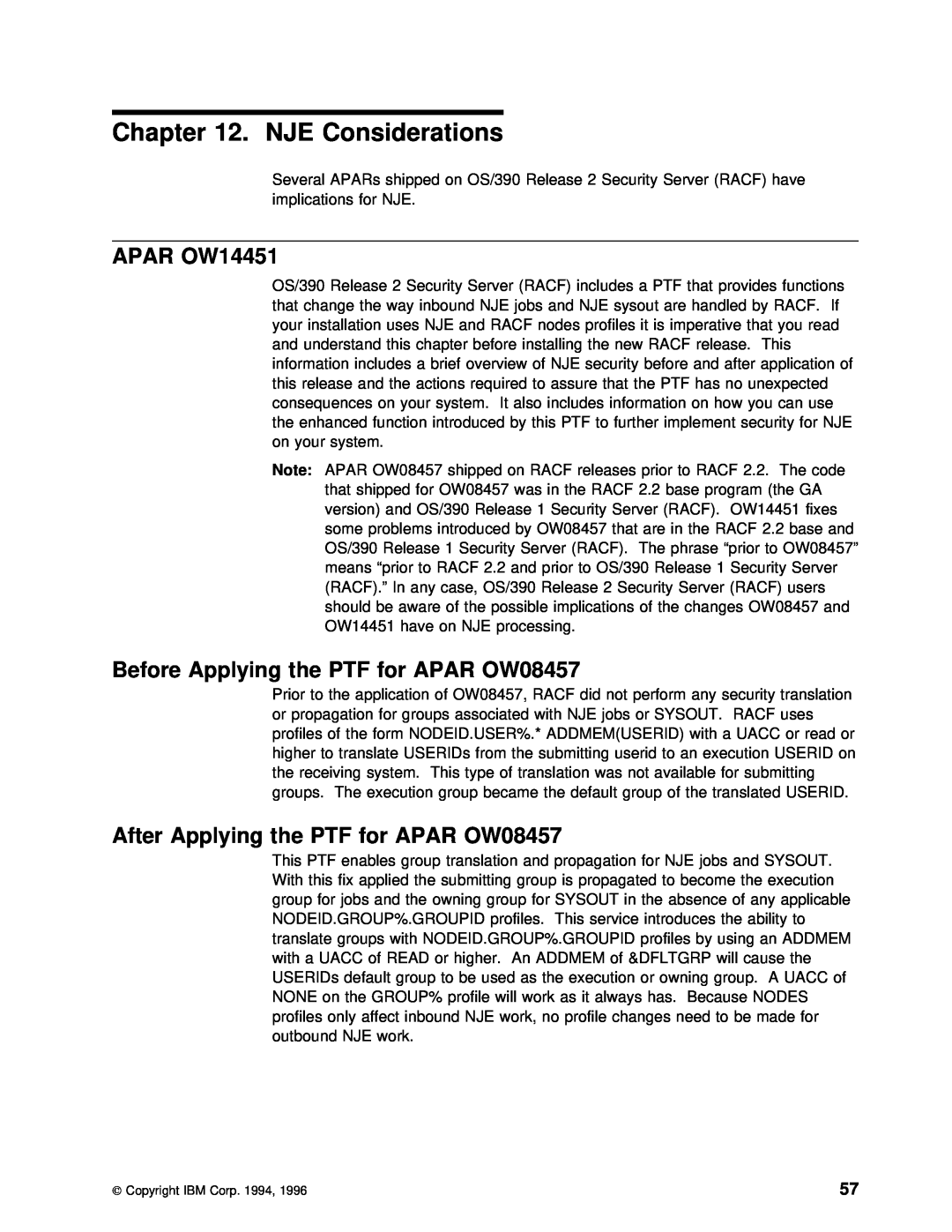 IBM GC28-1920-01 manual NJE Considerations, APAR OW14451, OW08457, After Applying the PTF, Before Applying the PTF 