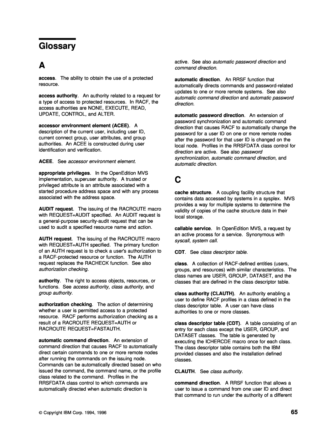 IBM GC28-1920-01 manual Glossary, direction, access 