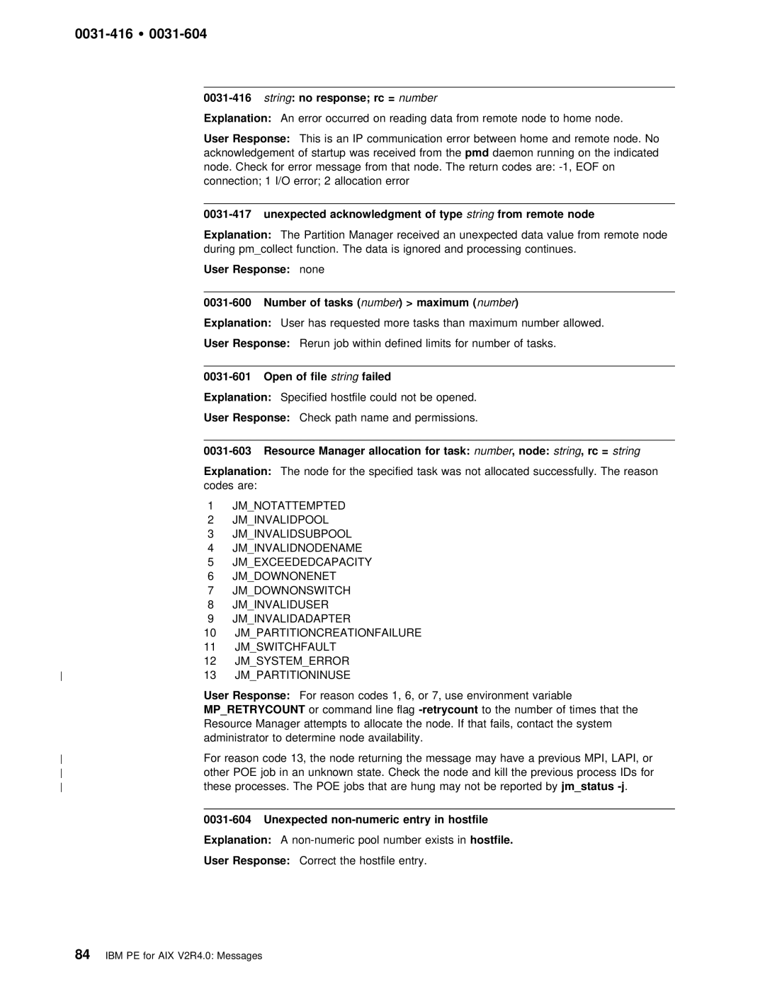 IBM GC28-1982-02 manual 0031-416 Ÿ, String no response rc =number, Node Explanation, String, rc string= 