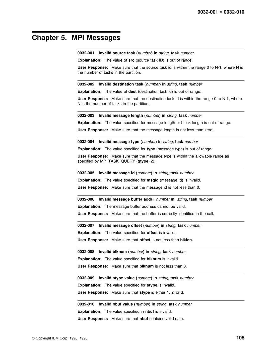 IBM GC28-1982-02 manual 0032-001 Ÿ, 105, Type, Invalid stype value number instring, task number 