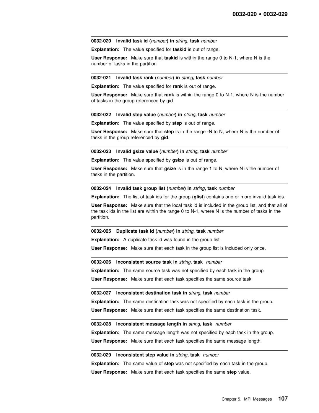 IBM GC28-1982-02 manual Id number instring, task, Invalid task rank number, Invalid gsize value, Length 