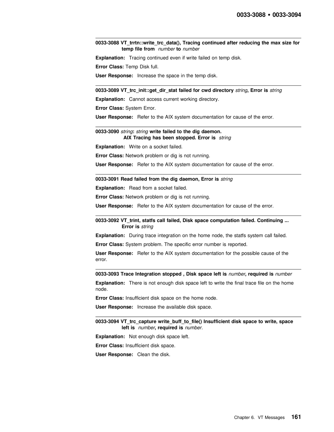 IBM GC28-1982-02 manual VTtrrtnwritetrcdata, Tracing After, Size For, Error is string Explanation, Disk space left is 