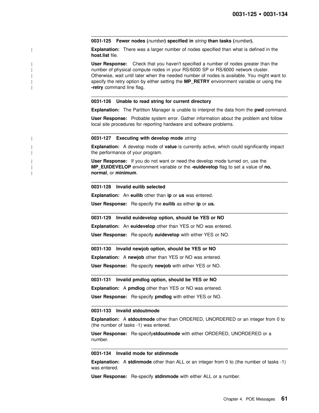 IBM GC28-1982-02 manual 0031-125 Ÿ, Fewer nodes number specified in string than tasks number, Host.list 