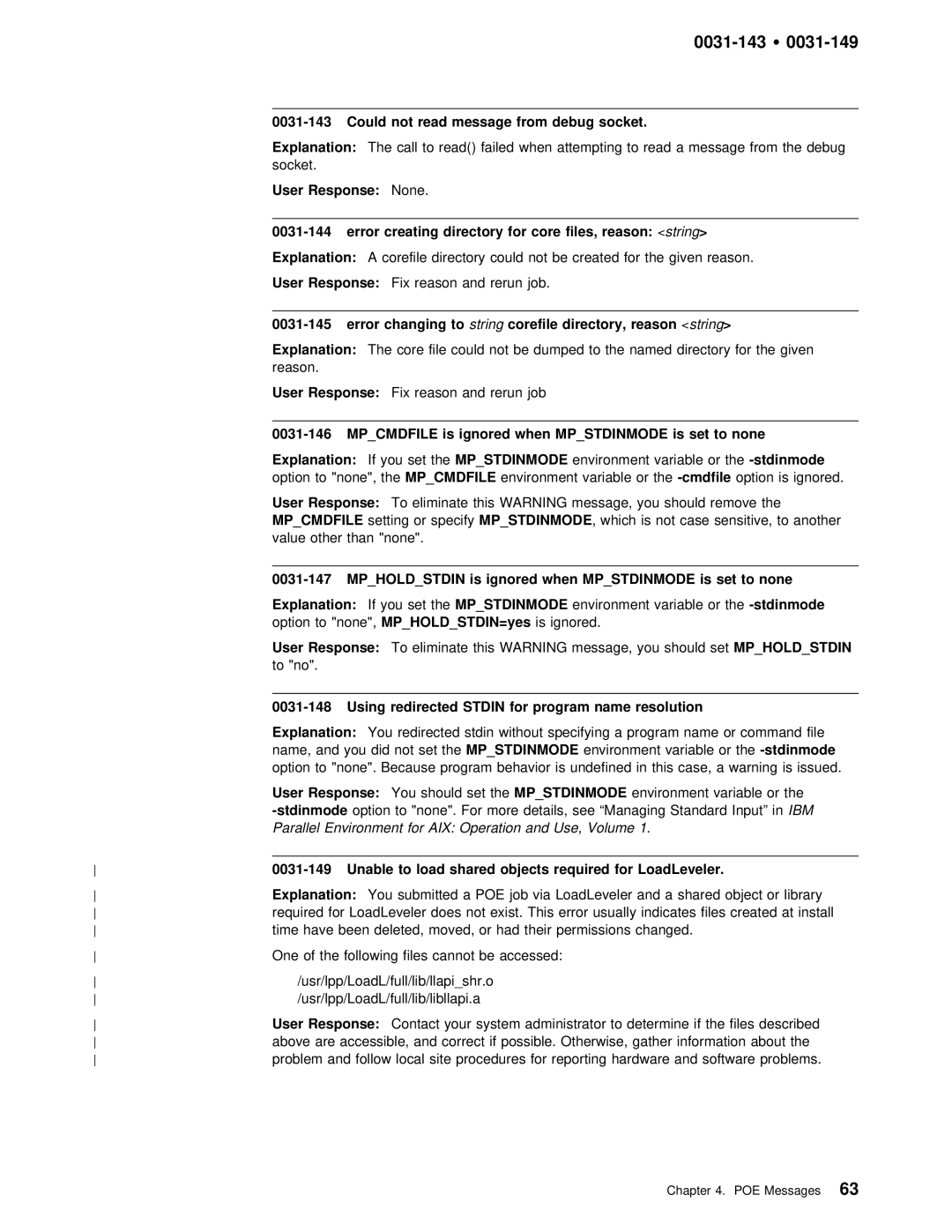 IBM GC28-1982-02 manual 0031-143 Ÿ, Could not read message from debug socket, String corefile, Set None Explanation 