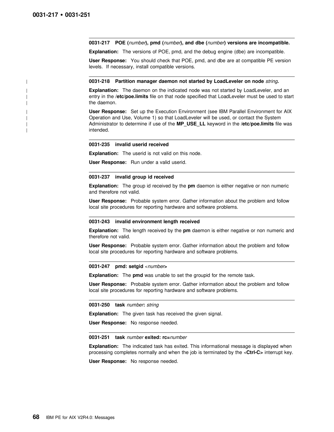 IBM GC28-1982-02 manual 0031-217 Ÿ, Partition, Not Started, Invalid environment length received, Setgid 