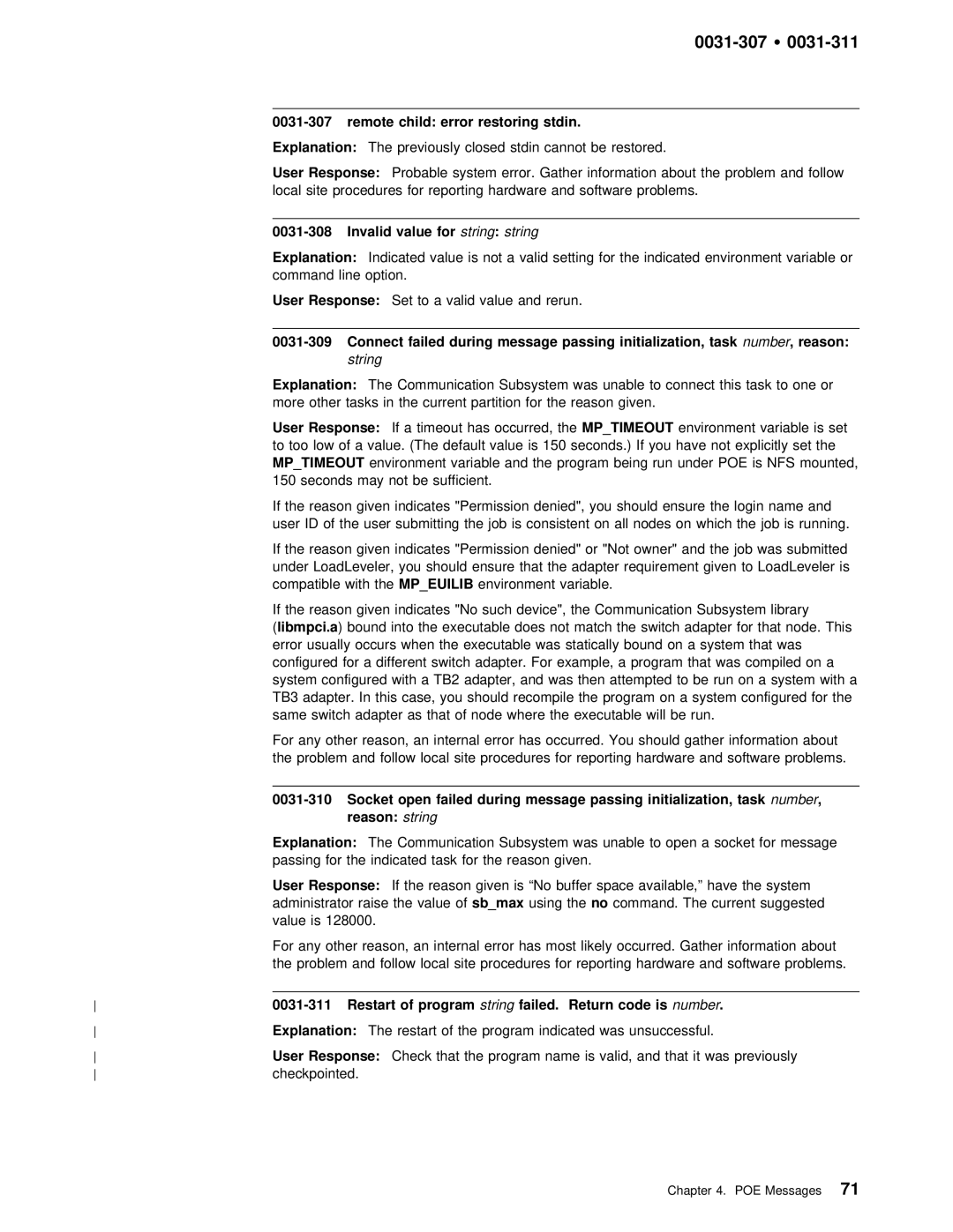 IBM GC28-1982-02 manual 0031-307 Ÿ, Initialization, Reason, Restart 