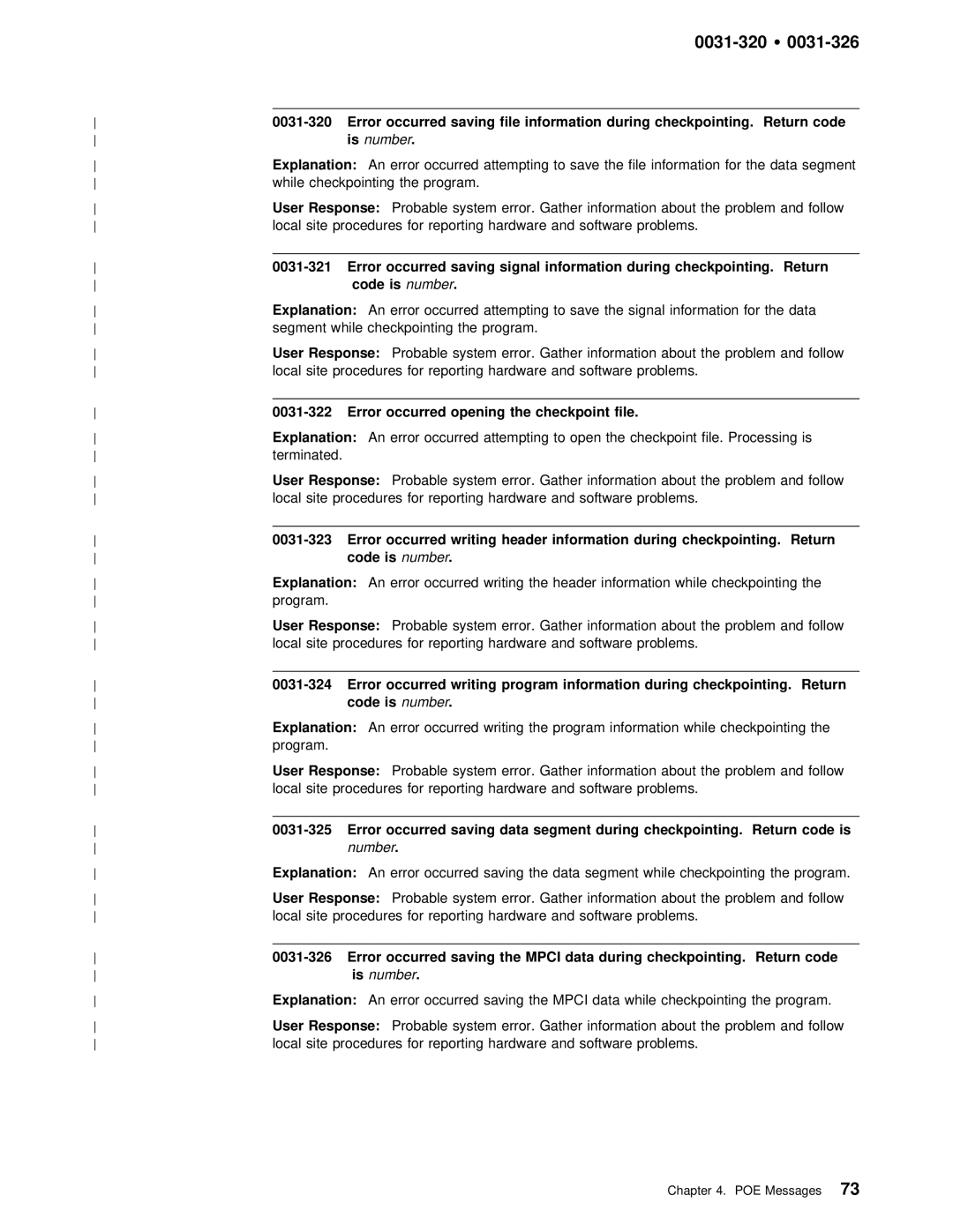 IBM GC28-1982-02 manual 0031-320 Ÿ, Code, File Explanation, Error Occurred Saving Data segment while checkpointing 