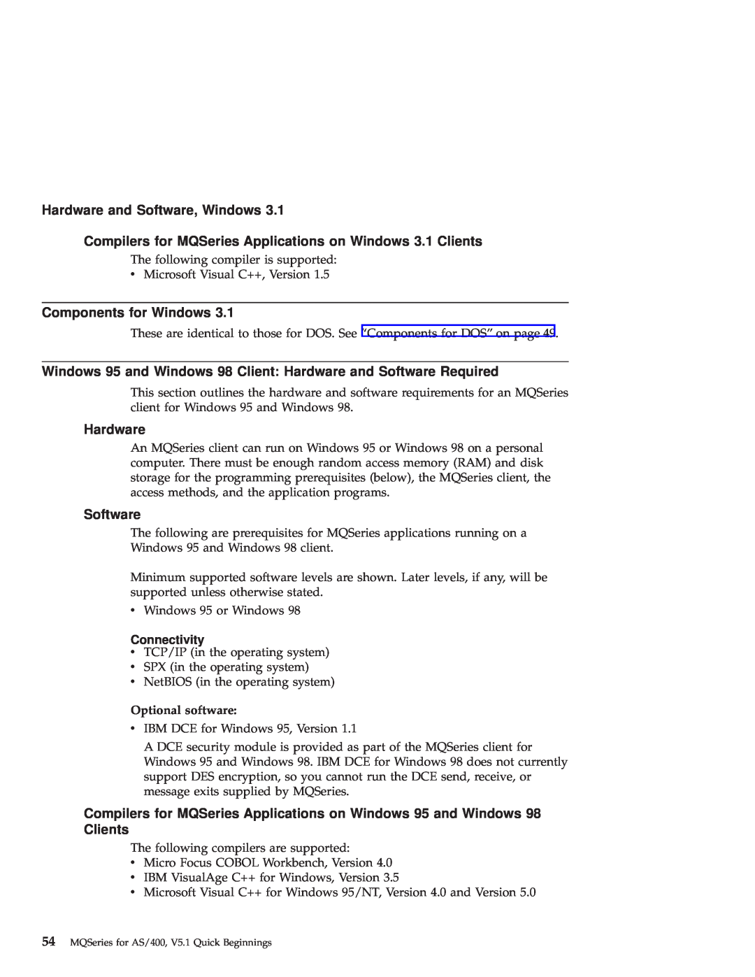 IBM GC34-5557-00 Hardware and Software, Windows, Compilers for MQSeries Applications on Windows 3.1 Clients, Connectivity 