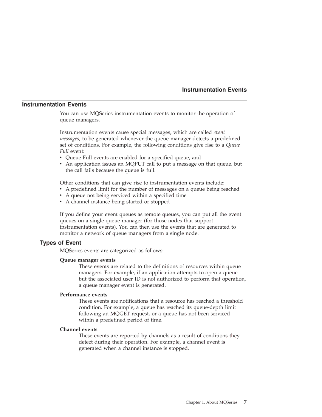 IBM GC34-5557-00 manual Instrumentation Events, Types of Event, Queue manager events, Performance events, Channel events 