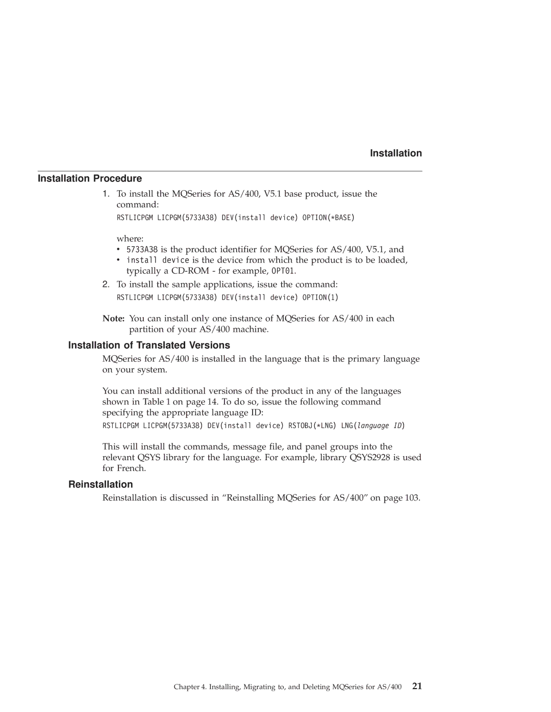 IBM GC34-5557-00 manual Installation Installation Procedure, Installation of Translated Versions, Reinstallation 