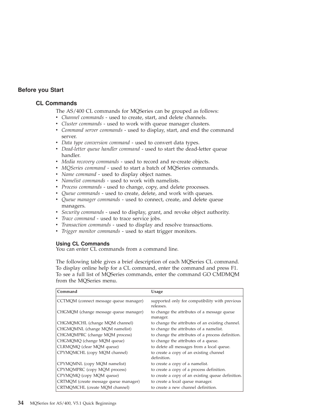 IBM GC34-5557-00 manual Before you Start CL Commands, Using CL Commands 