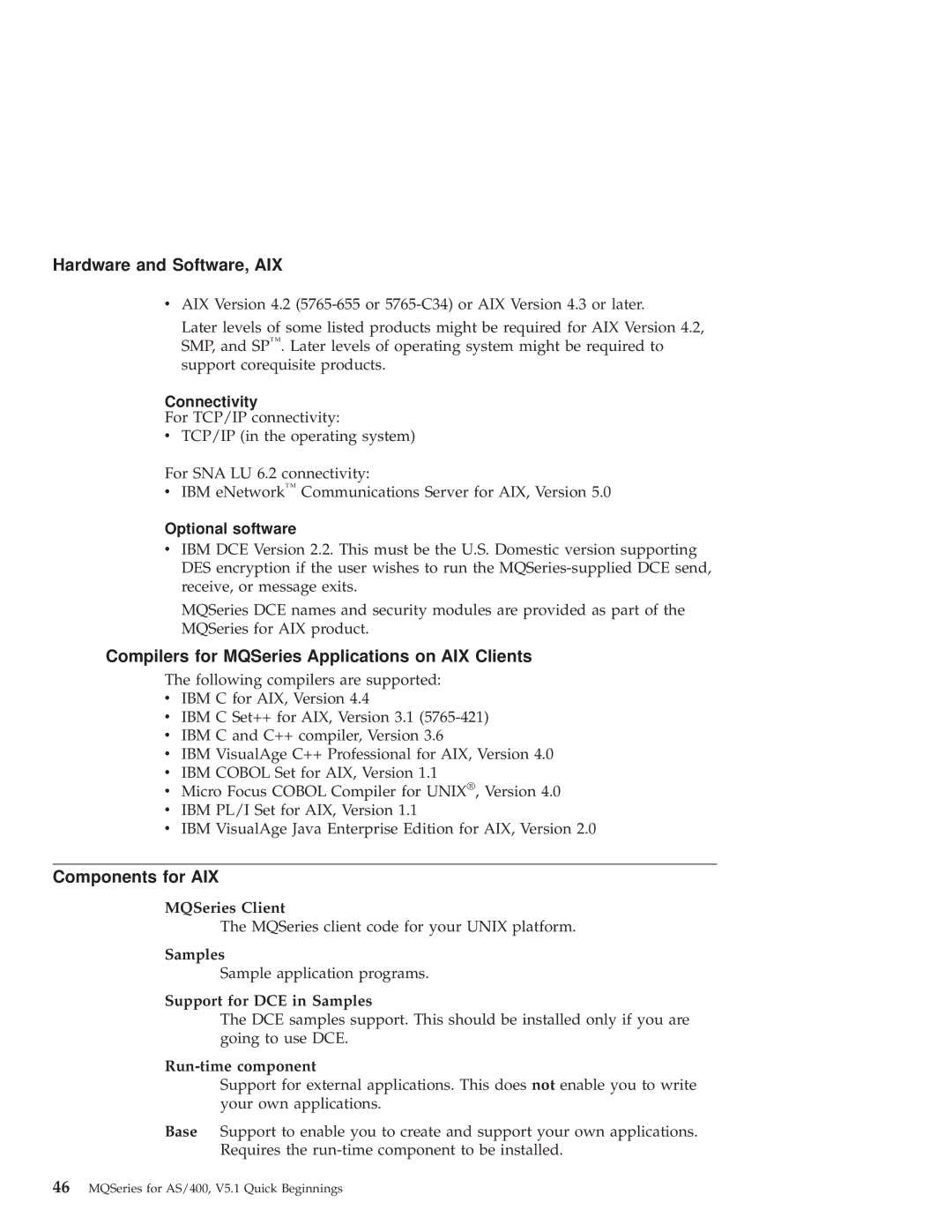 IBM GC34-5557-00 manual Hardware and Software, AIX, Compilers for MQSeries Applications on AIX Clients, Components for AIX 