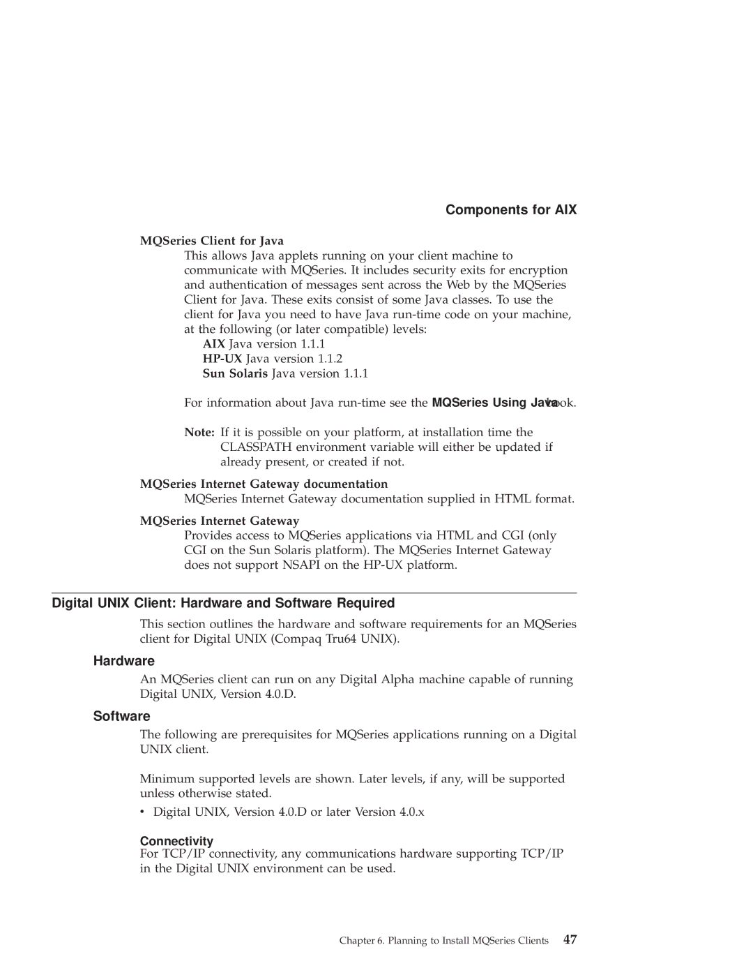 IBM GC34-5557-00 Digital Unix Client Hardware and Software Required, MQSeries Client for Java, MQSeries Internet Gateway 