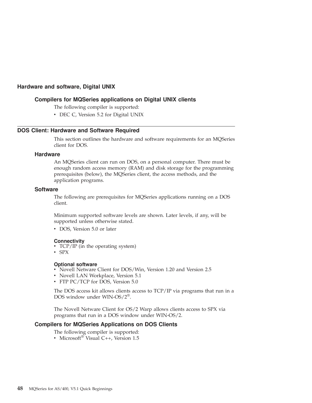 IBM GC34-5557-00 manual DOS Client Hardware and Software Required, Compilers for MQSeries Applications on DOS Clients 