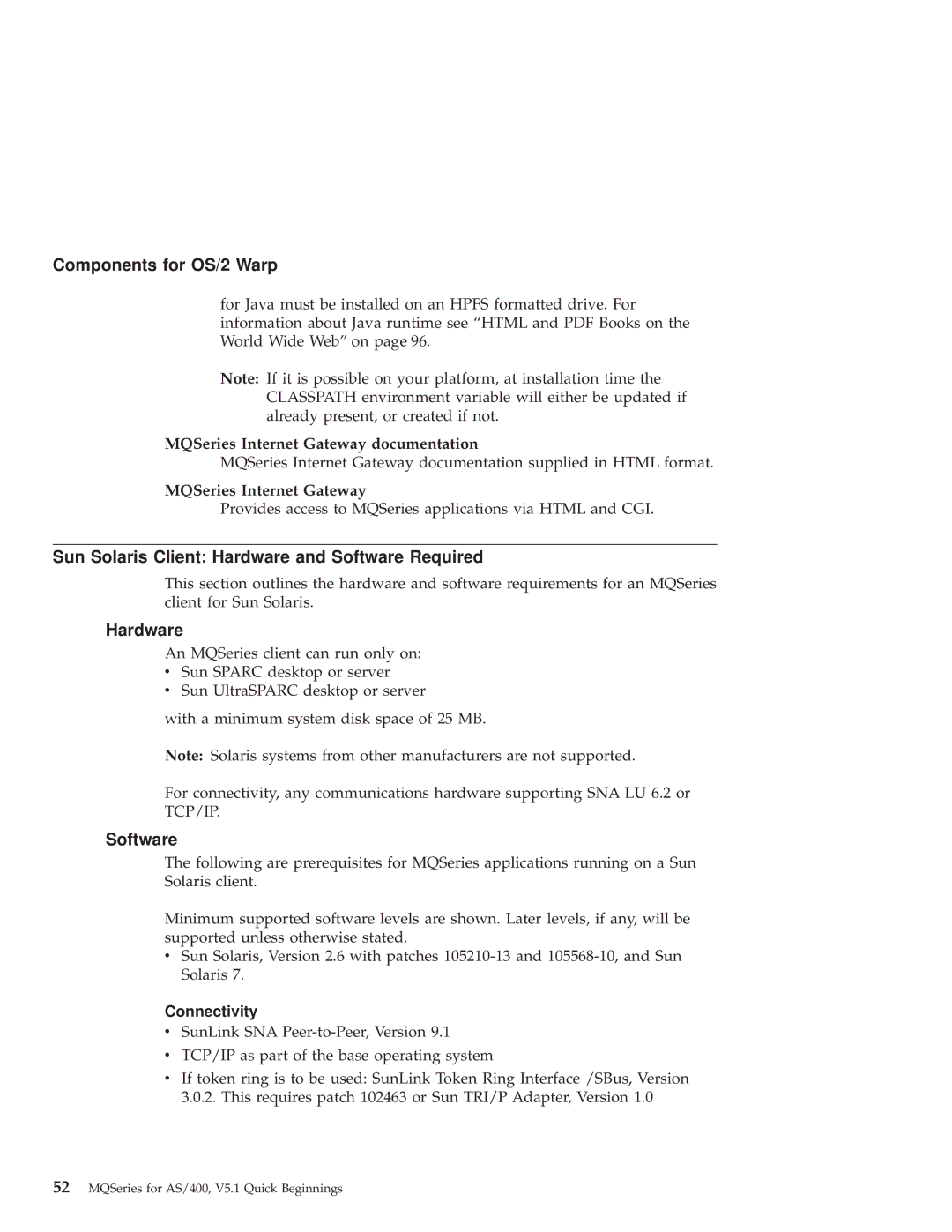 IBM GC34-5557-00 manual Sun Solaris Client Hardware and Software Required, MQSeries Internet Gateway documentation 