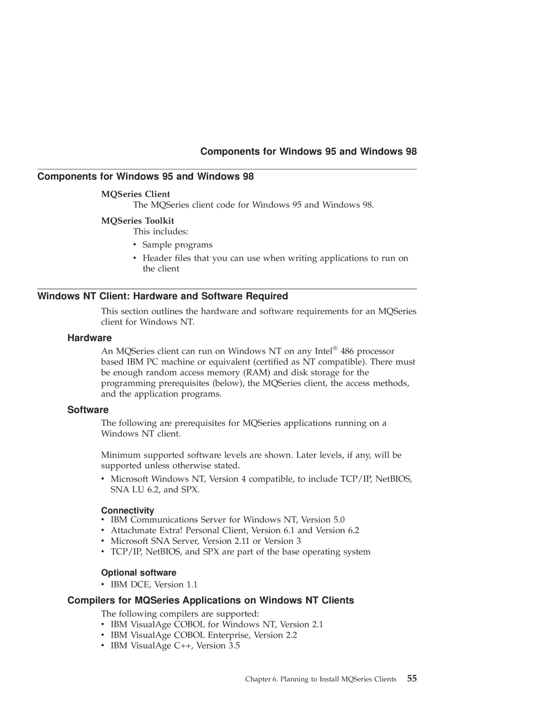 IBM GC34-5557-00 manual Components for Windows 95 and Windows, Windows NT Client Hardware and Software Required 