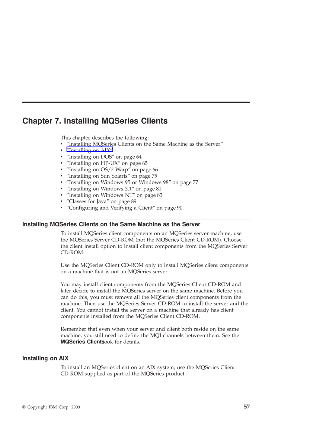 IBM GC34-5557-00 manual Installing MQSeries Clients, Installing on AIX 