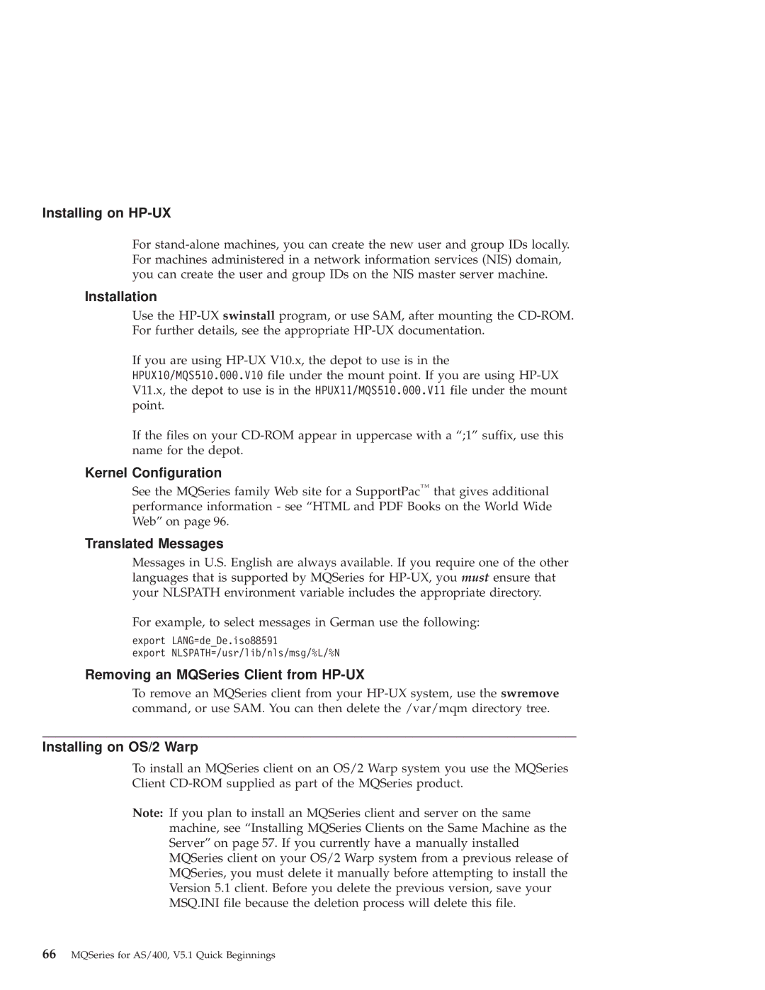 IBM GC34-5557-00 manual Installation, Kernel Configuration Translated Messages, Removing an MQSeries Client from HP-UX 