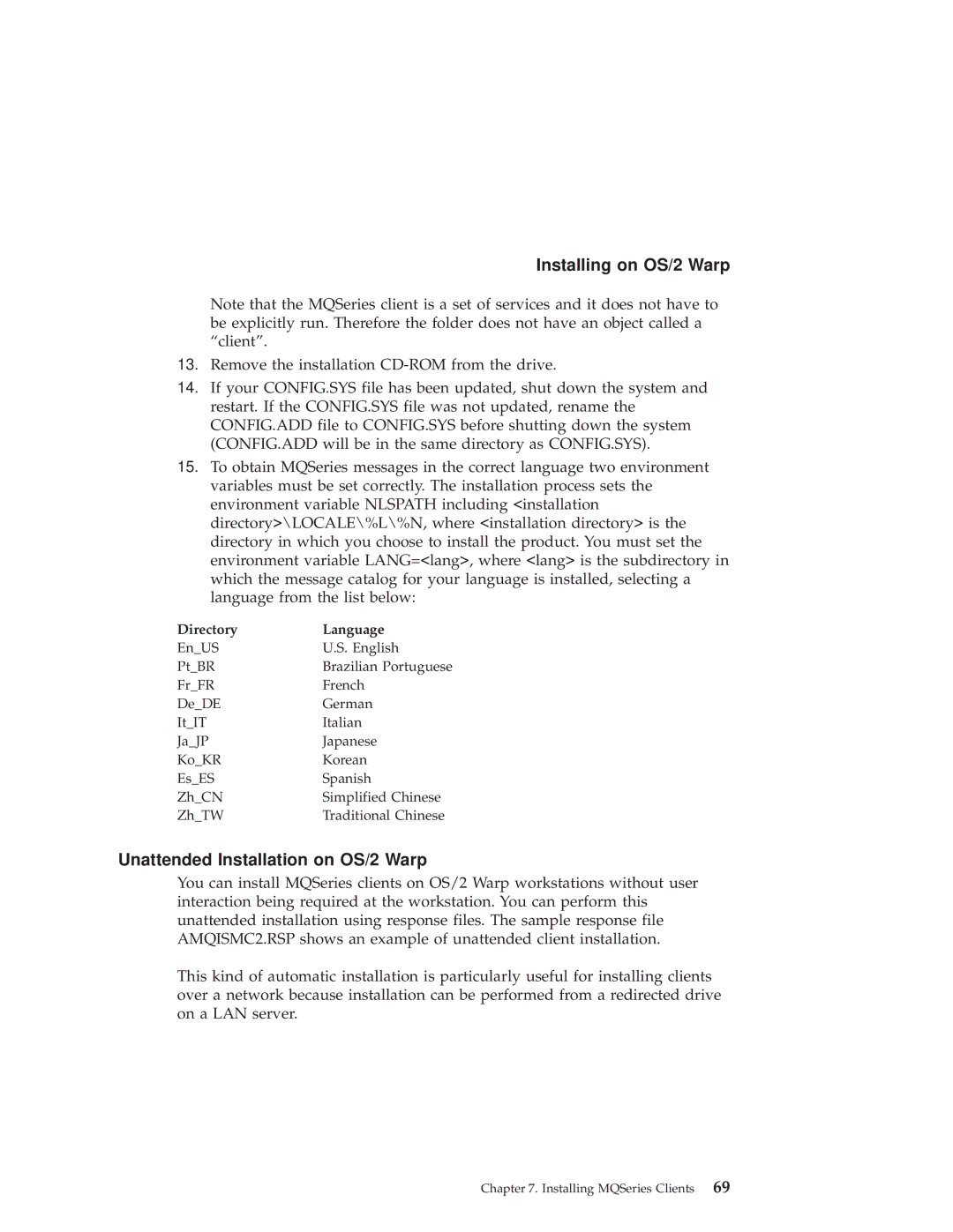 IBM GC34-5557-00 manual Unattended Installation on OS/2 Warp, Directory Language 