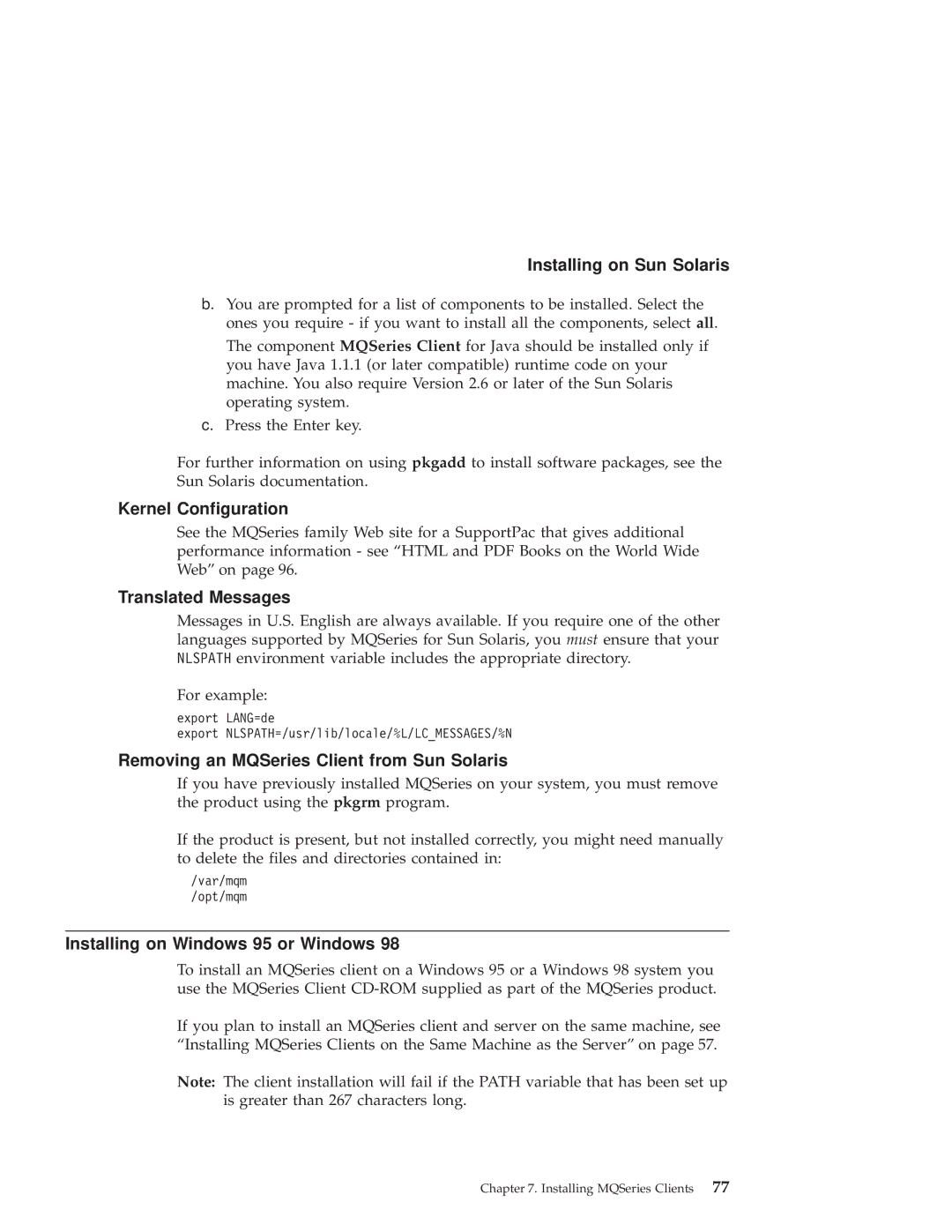 IBM GC34-5557-00 manual Removing an MQSeries Client from Sun Solaris, Installing on Windows 95 or Windows 