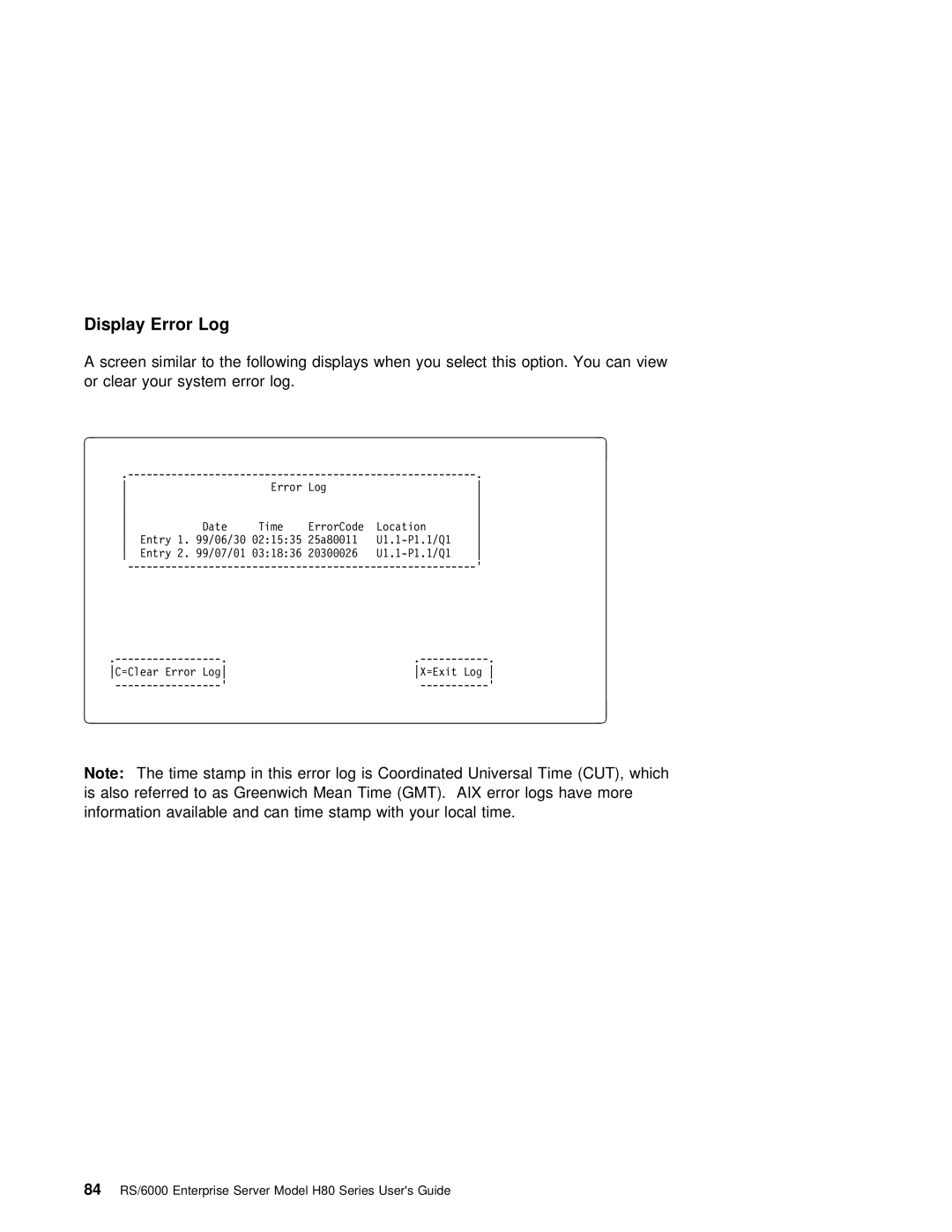 IBM H80 Series manual Log, Display Error, Gmt. Aix 