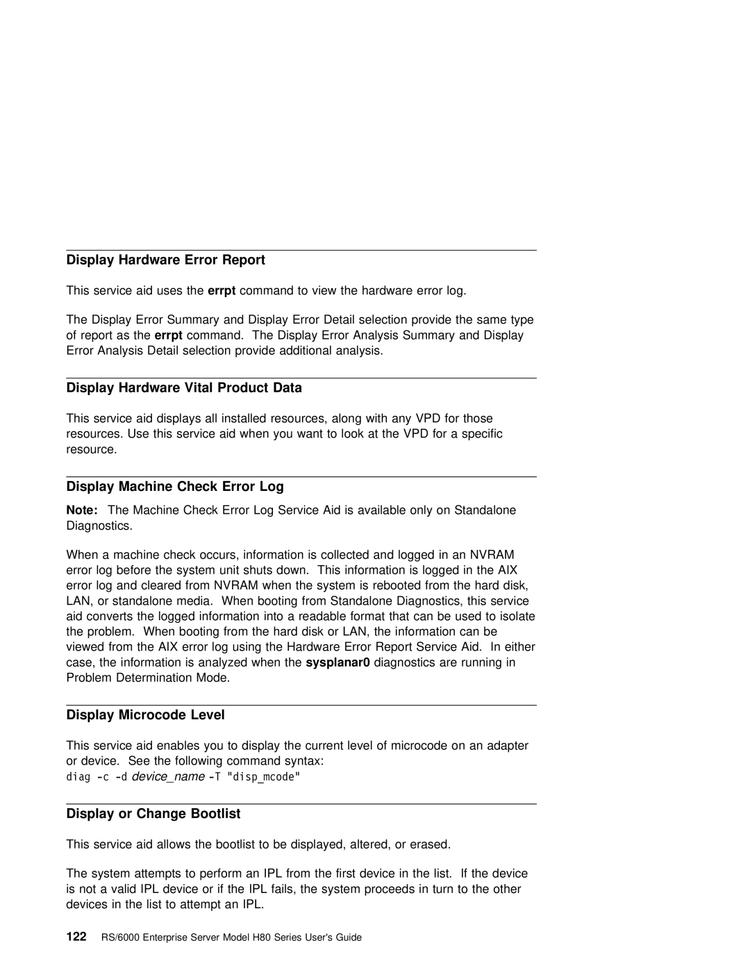 IBM H80 Series Display Hardware Error Report, Display Hardware Vital Product Data, Display Machine Check Error Log, Lan 